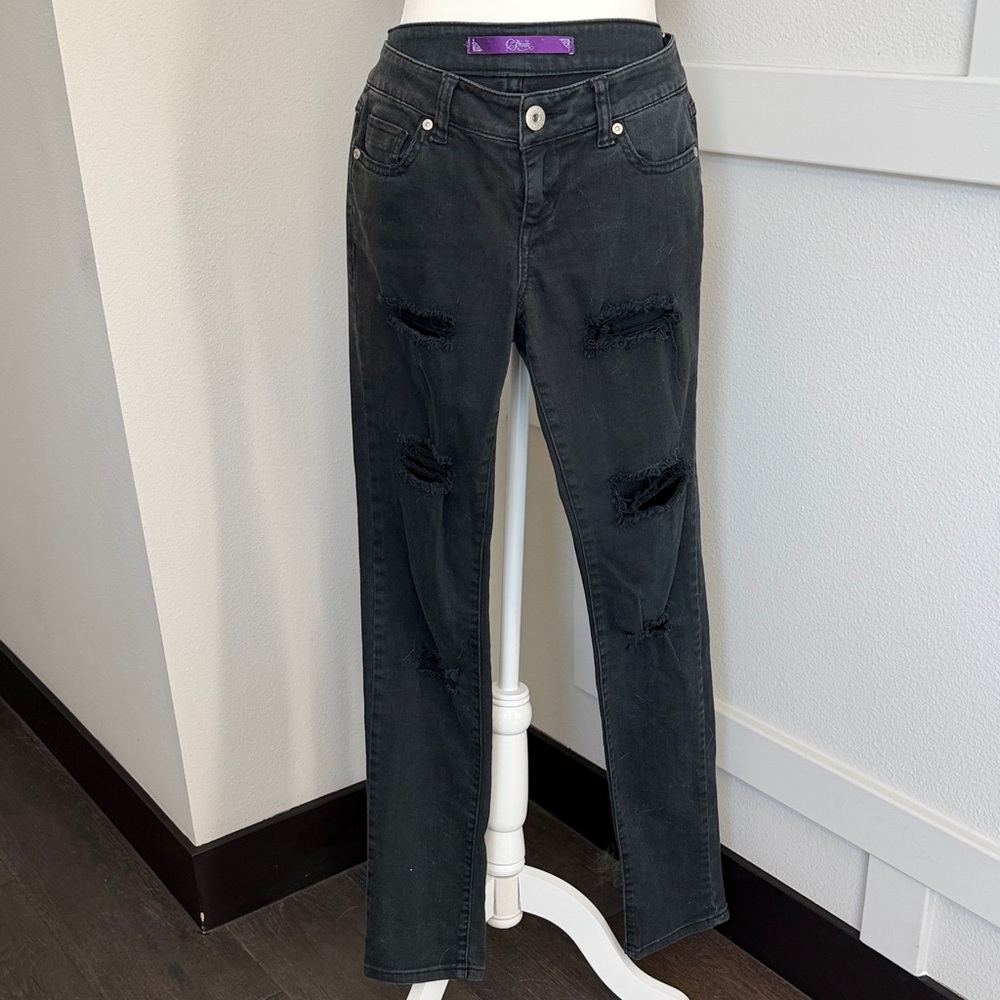 Black Distressed Straight Leg Jeans with natural tears.